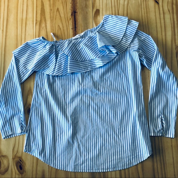 Calvin Klein Woman Swanky One-shoulder Ruffle Top Long Sleeves Blue/White Sz XS - Picture 8 of 8